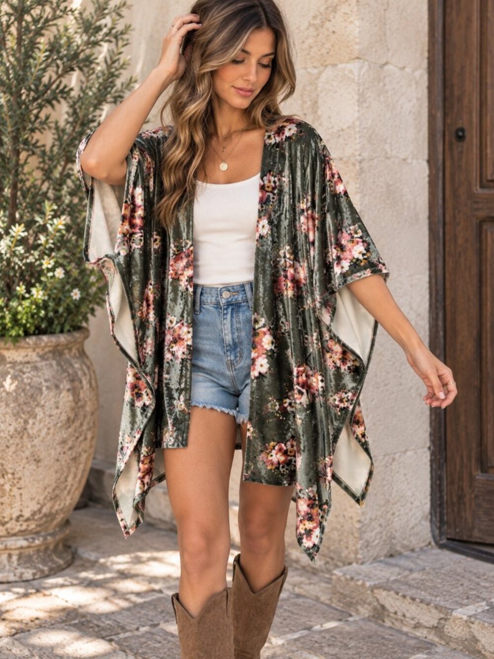 Do Everything in Love Velvet Floral Kimono Olive Whimsigoth Boho One Size